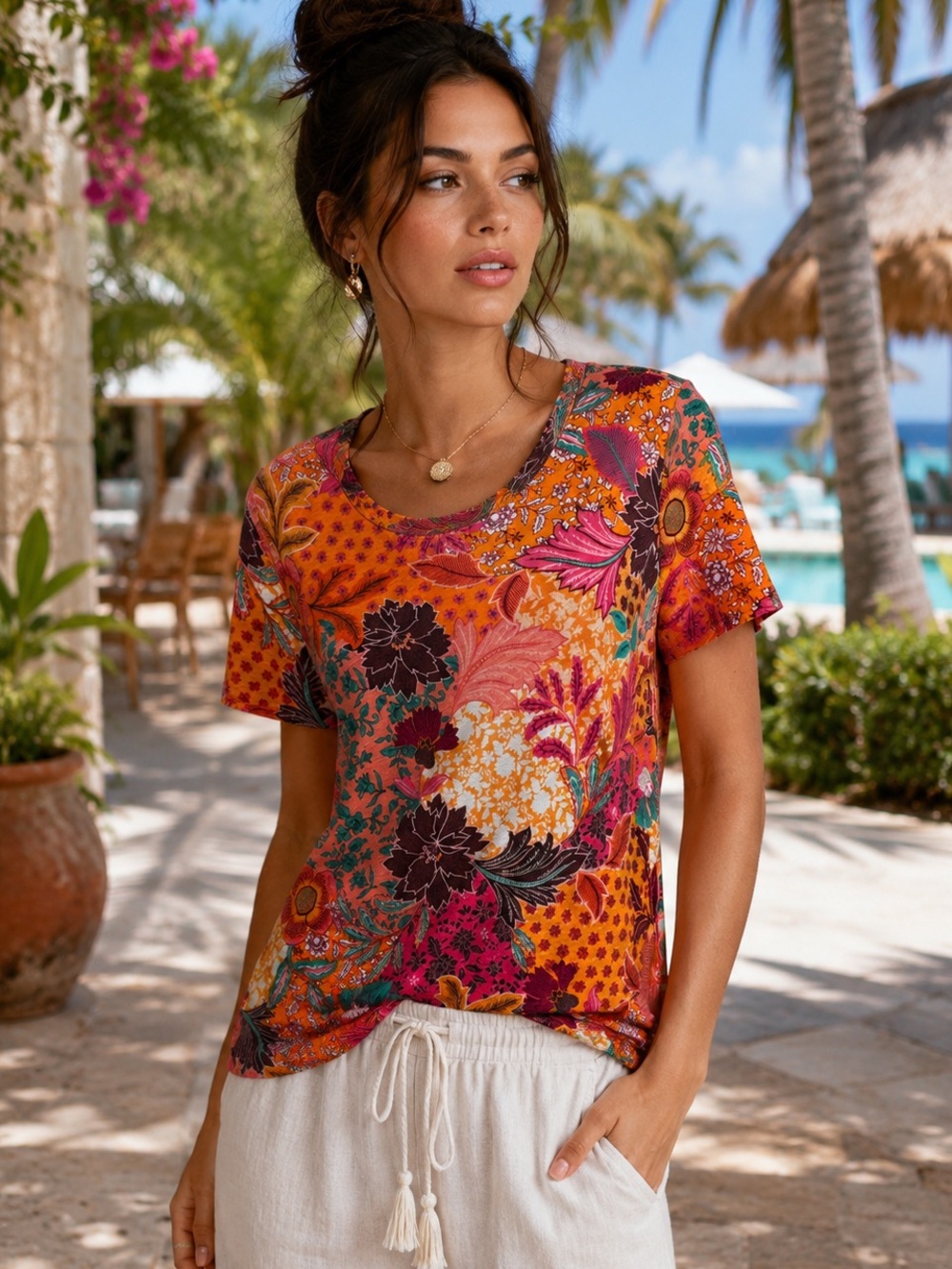 LOFT Floral Tropical Print Tee Medium | Resort Vacation Boho Summer Top